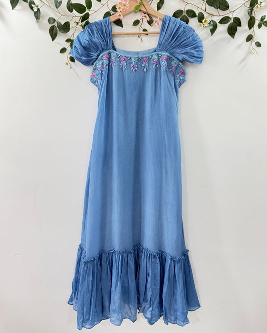 Blue Boho - Dress with Floral Embroidery