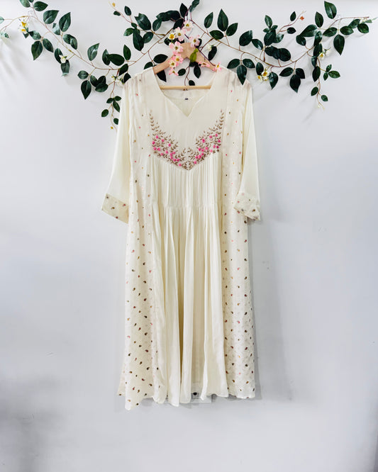 Ivory Floral Embrodiery - A Line Dress