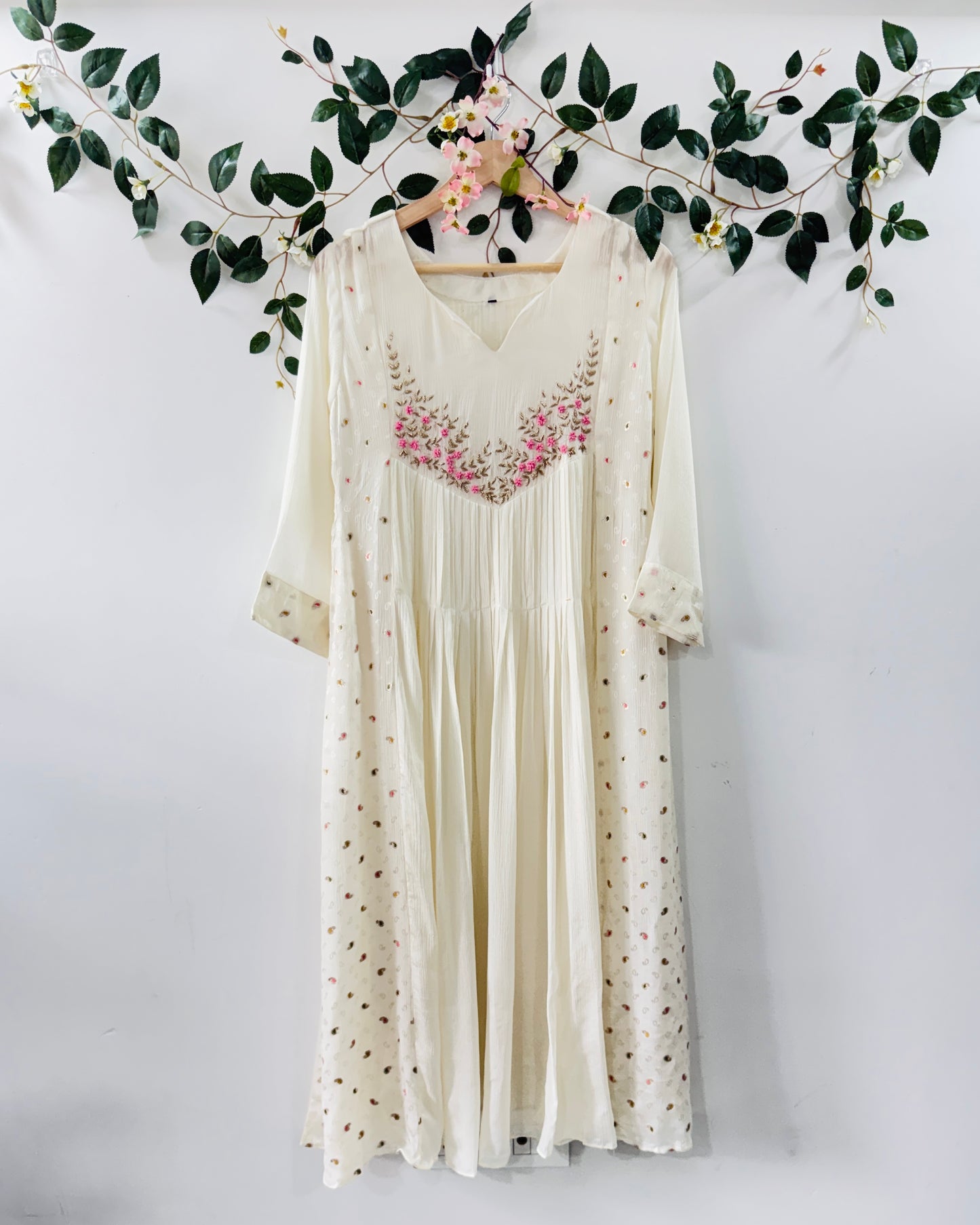 Ivory Floral Embrodiery - A Line Dress
