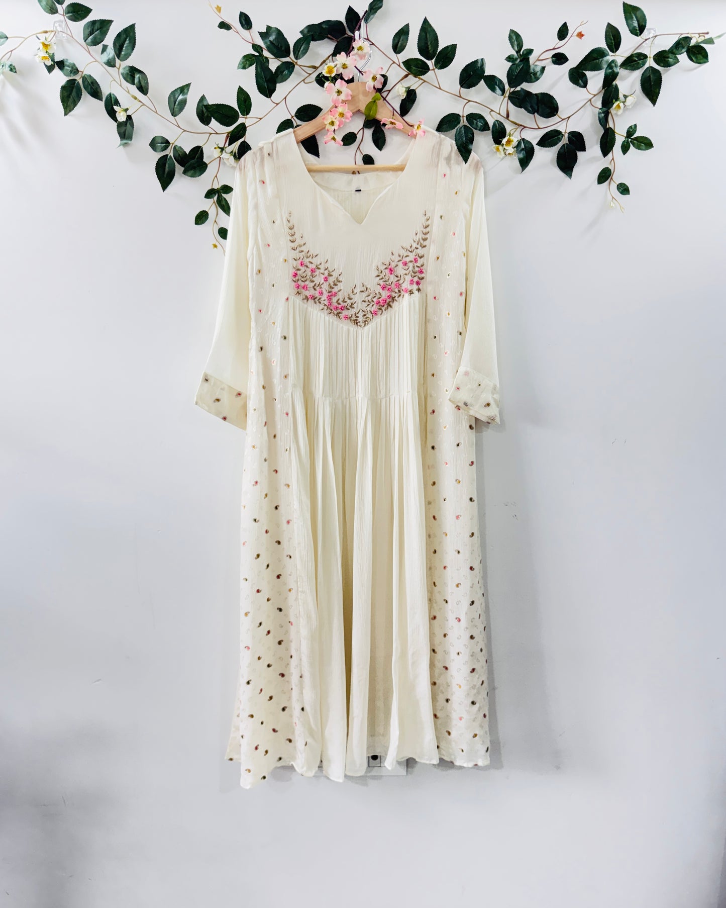 Ivory Floral Embrodiery - A Line Dress